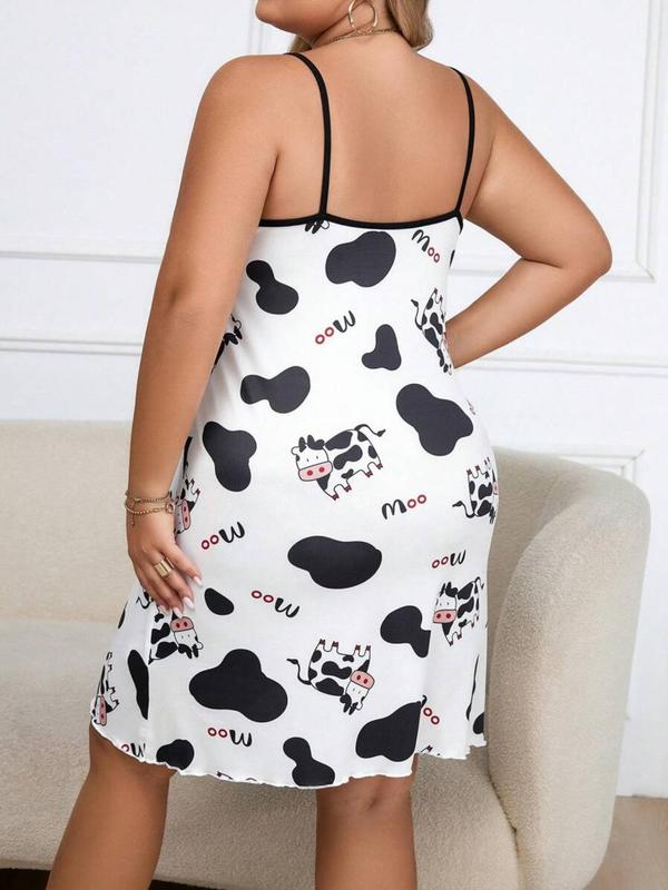 Plus Size Cartoon Cow Print Contrast Binding Lettuce Trim Cami Nightdress, Casual Comfy Backless Spaghetti Strap Nightgown for Women, Women's Sleepwear for All Seasons