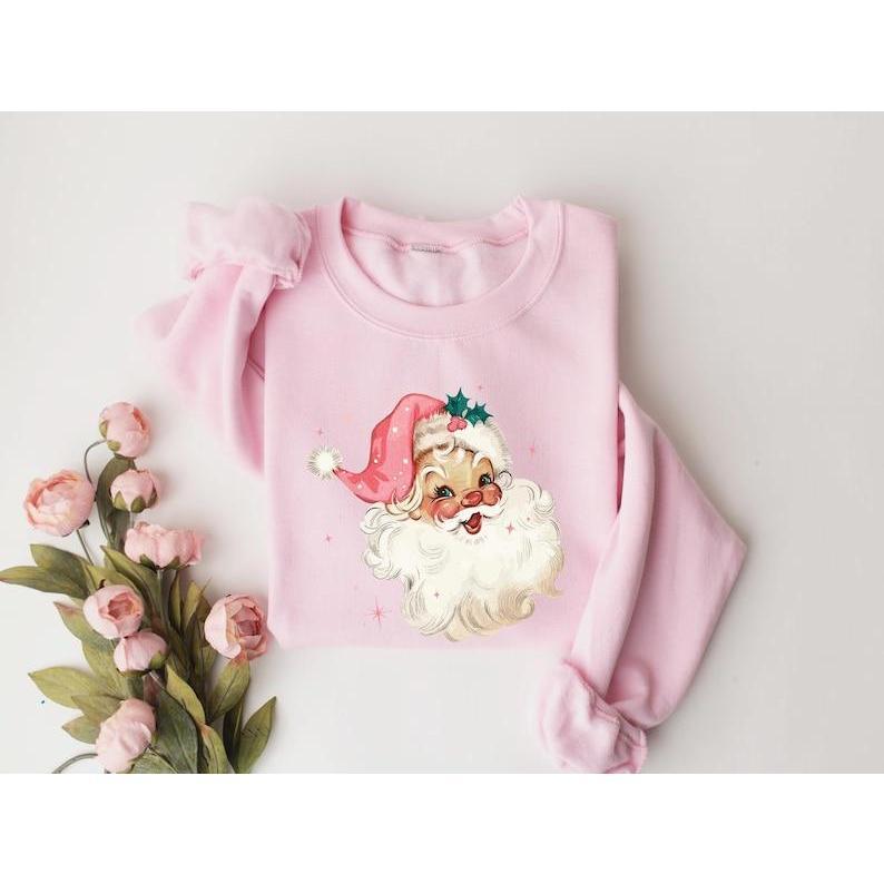 Pink Santa Retro Christmas T-Shirts Sweatshirts for Women Pink Christmas Matching Family Sweaters Pink Vintage Holiday Crewneck Group Party