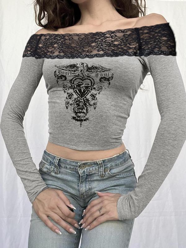 Women's Vintage Graphic Contrast Lace Off Shoulder Tee, Casual Long Sleeve T-shirt for Daily Wear, Ladies Clothes for All Seasons,  Funny Tees