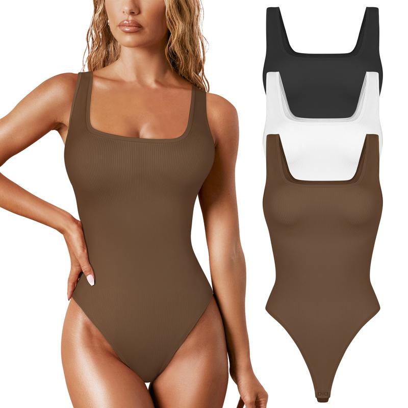 EUYZOU Womens Shapewear Bodysuit Tummy Control Thong Seamless Ribbed Square Neck Jumpsuit T-Back Nylon Womenswear Compression Fit