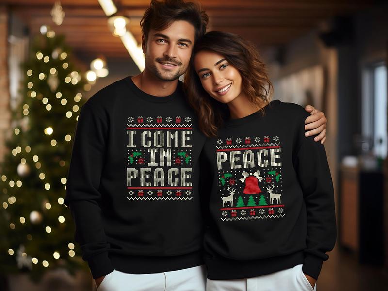 Ugly Christmas Matching Couples Sweatshirt, Funny Couples Christmas Sweater, I Come In Peace Shirt Adult Humor Xmas Sweater, Couples Pajamas