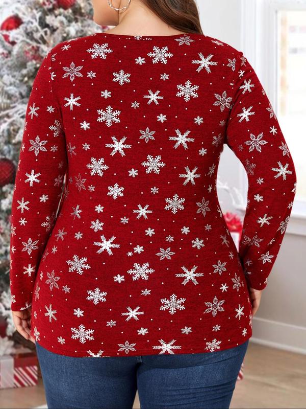 Christmas All Over Snowflake Print 2 in 1 Ruched O-ring Tee, Casual Long Sleeve Square Neck T-shirt for Fall & Winter, Women's Clothing for Daily Wear