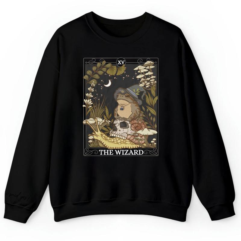 The Wizard Tarot Card  Sweatshirt, Witchy Frog Shirt, Trendy Goblincore Clothing, Cottagecore Mushroom Tee, Tarot Lover Hoodie and Sweater; T-shirt Cotton Womenswear