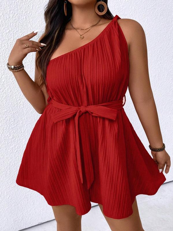 Plus Size Solid Textured One Shoulder Belted Romper, Casual Sleeveless Wide Leg Playsuit for Summer, Women's Clothes for Daily Wear