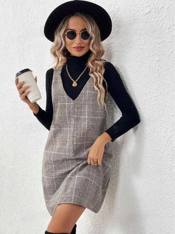 Women's Solid Color Plaid Print V Neck Tank Dress without Inner Top, Casual Sleeveless Short Dress for Fall & Winter, Women's Clothing for Daily Wear