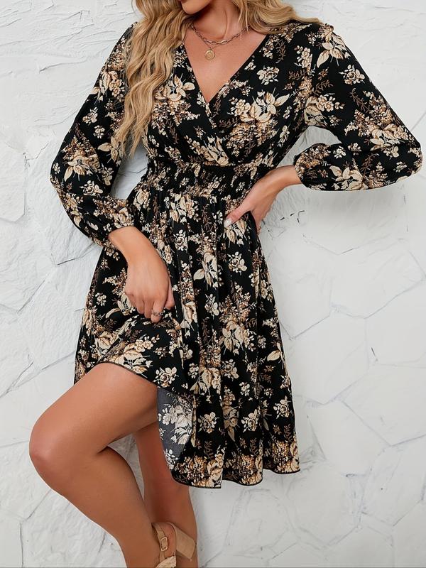 Women's Floral Print Shirred Wrap V Neck A Line Vintage Dress, Boho Fashion Bishop Sleeve Short Dress for Daily Holiday Vacation Wear, Dresses for Women, Ladies Dress for All Seasons, Tummy Hiding Dresses