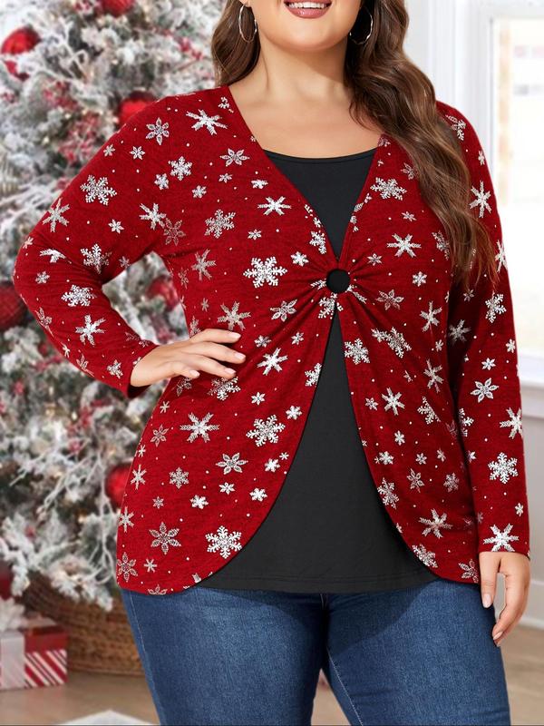 Christmas All Over Snowflake Print 2 in 1 Ruched O-ring Tee, Casual Long Sleeve Square Neck T-shirt for Fall & Winter, Women's Clothing for Daily Wear