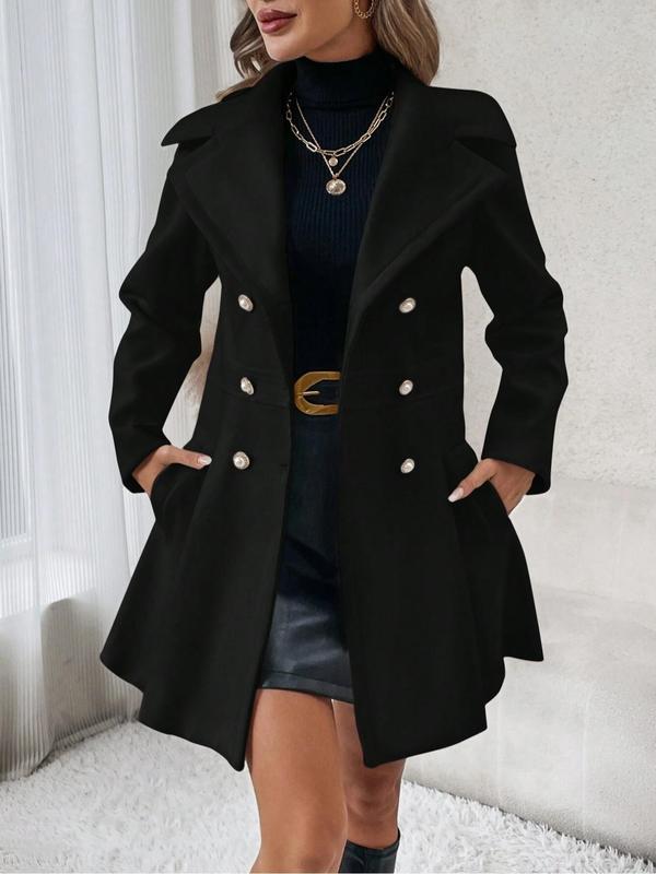 Women's Solid Double Button Pocket Lapel Pea Coat, Casual Long Sleeve Outerwear for Fall & Winter, Ladies Clothes for Daily Wear