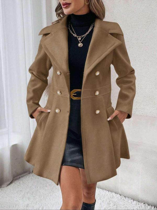 Women's Solid Double Button Pocket Lapel Pea Coat, Casual Long Sleeve Outerwear for Fall & Winter, Ladies Clothes for Daily Wear