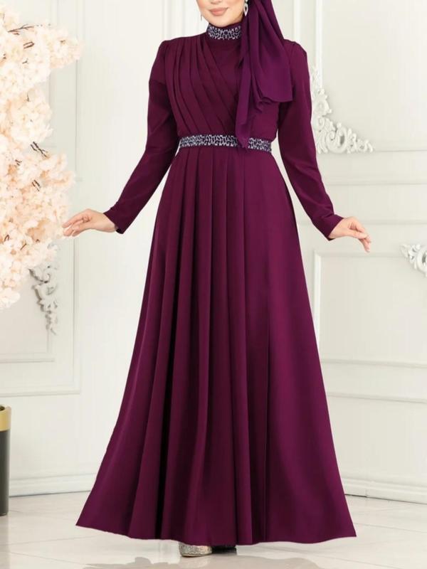 Women's Rhinestone Decor Belted Pleated A Line Dress, Elegant Mock Neck Long Sleeve Maxi Dress for Party Wedding Guest, Ladies Clothes for All Seasons,  Girl Clothes