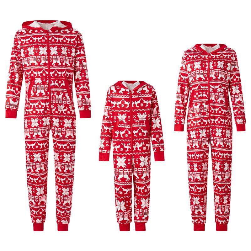 Family Matching Christmas Pajamas Romper Snowflake Deer Print Hooded Long Sleeve Zipper-Up Jumpsuits Sleepwear Womenswear