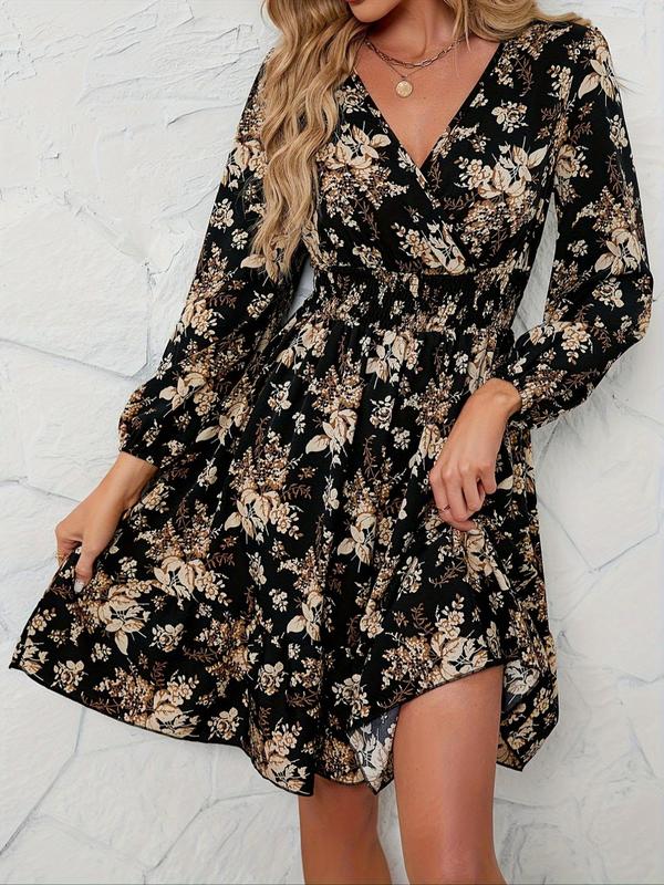 Women's Floral Print Shirred Wrap V Neck A Line Vintage Dress, Boho Fashion Bishop Sleeve Short Dress for Daily Holiday Vacation Wear, Dresses for Women, Ladies Dress for All Seasons, Tummy Hiding Dresses