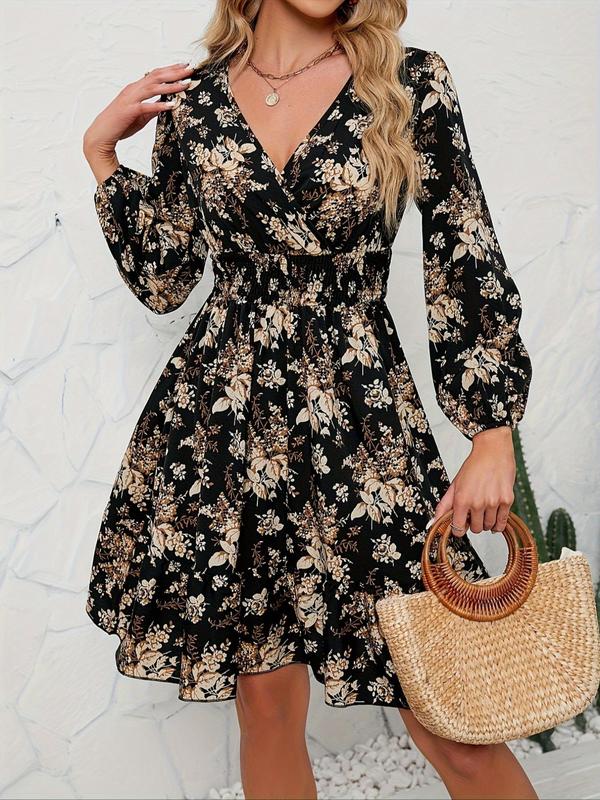 Women's Floral Print Shirred Wrap V Neck A Line Vintage Dress, Boho Fashion Bishop Sleeve Short Dress for Daily Holiday Vacation Wear, Dresses for Women, Ladies Dress for All Seasons, Tummy Hiding Dresses