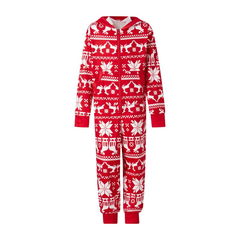 Family Matching Christmas Pajamas Romper Snowflake Deer Print Hooded Long Sleeve Zipper-Up Jumpsuits Sleepwear Womenswear