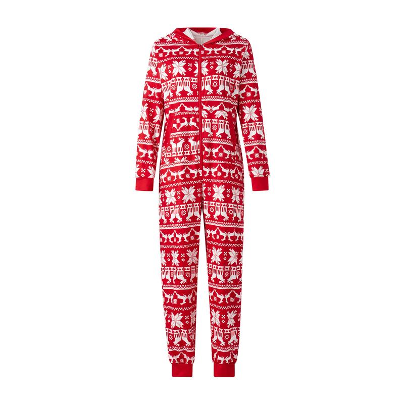 Family Matching Christmas Pajamas Romper Snowflake Deer Print Hooded Long Sleeve Zipper-Up Jumpsuits Sleepwear Womenswear