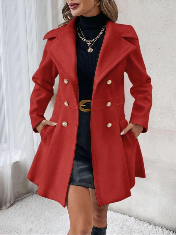 Women's Solid Double Button Pocket Lapel Pea Coat, Casual Long Sleeve Outerwear for Fall & Winter, Ladies Clothes for Daily Wear