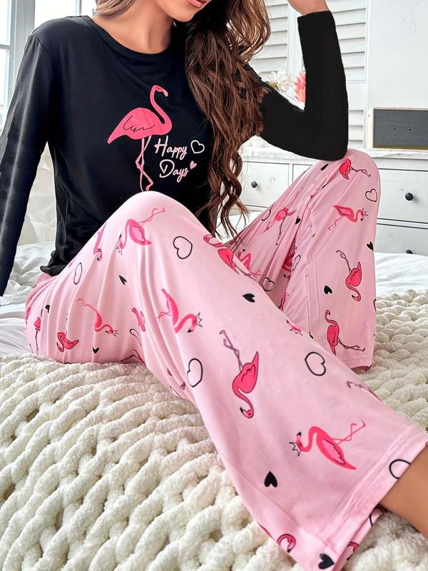 Two-Piece Set Women's Flamingo & Heart Print Pajama, Casual Comfy Long Sleeve Tee & Pants, Ladies Sleepwear for Spring & Fall