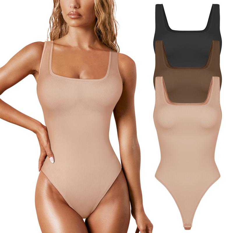 EUYZOU Womens Shapewear Bodysuit Tummy Control Thong Seamless Ribbed Square Neck Jumpsuit T-Back Nylon Womenswear Compression Fit