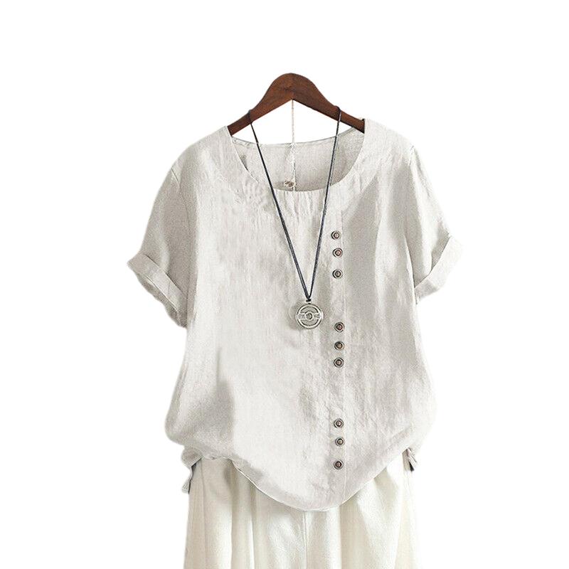 Women's Cotton Linen T-Shirts Short Sleeve Tunic Tops Casual Loose Blouse