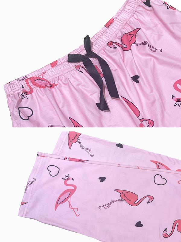 Two-Piece Set Women's Flamingo & Heart Print Pajama, Casual Comfy Long Sleeve Tee & Pants, Ladies Sleepwear for Spring & Fall