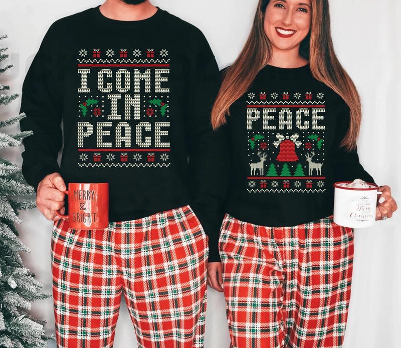 Ugly Christmas Matching Couples Sweatshirt, Funny Couples Christmas Sweater, I Come In Peace Shirt Adult Humor Xmas Sweater, Couples Pajamas