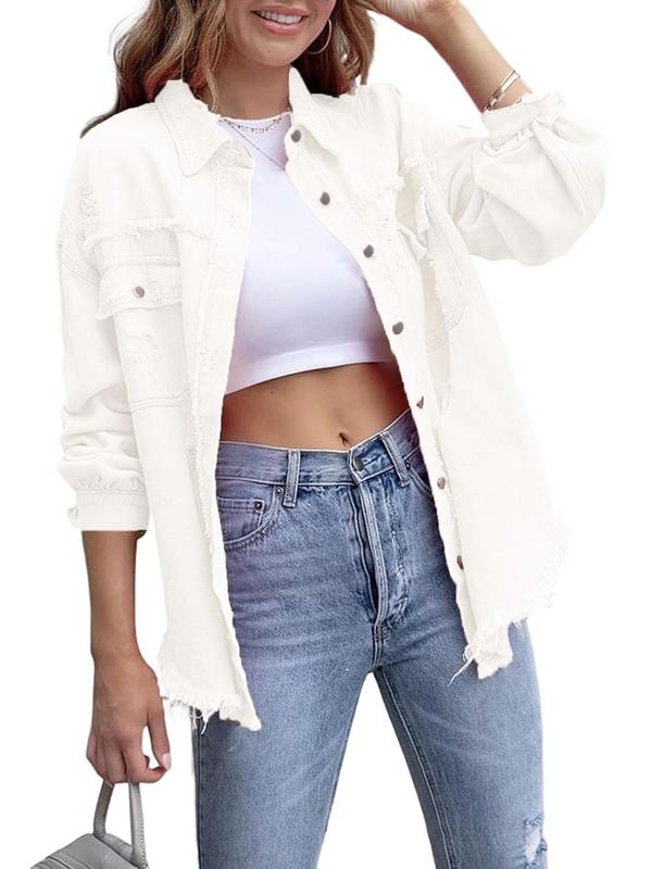 Plus Size Plain Ripped Pocket Button Front Raw Hem Denim Coat, Casual Jackets, Drop Shoulder Long Sleeve Collared Outerwear, Winter Clothes Women, Women's Clothes for Fall, Gift Set, Coats for Women, Jackets for Women, Fall Outfits, Fallfreshness