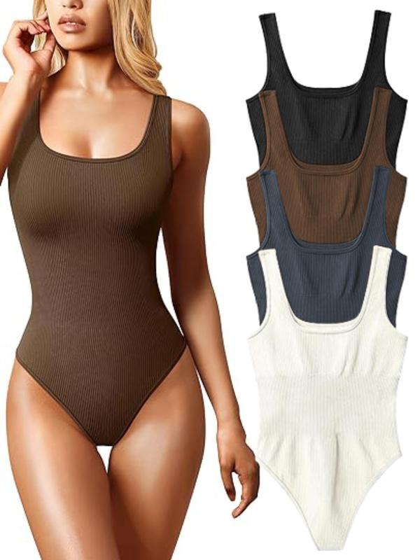 Women's Solid Ribbed Scoop Neck Sports Bodysuit, Casual Sporty Sleeveless Bodysuit for Daily Outdoor Wear, Ladies Sportswear for All Seasons