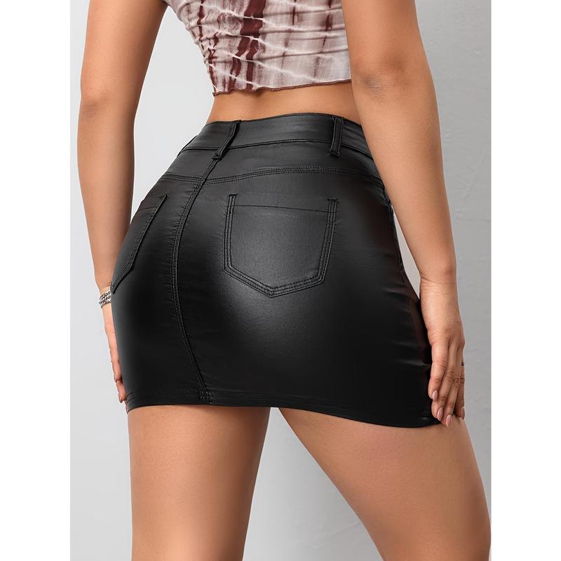 Women's Black PU Leather Mini Skirt with High-Waisted Design, Zip Closure, Streetwear Casual Outfit for Day or Night