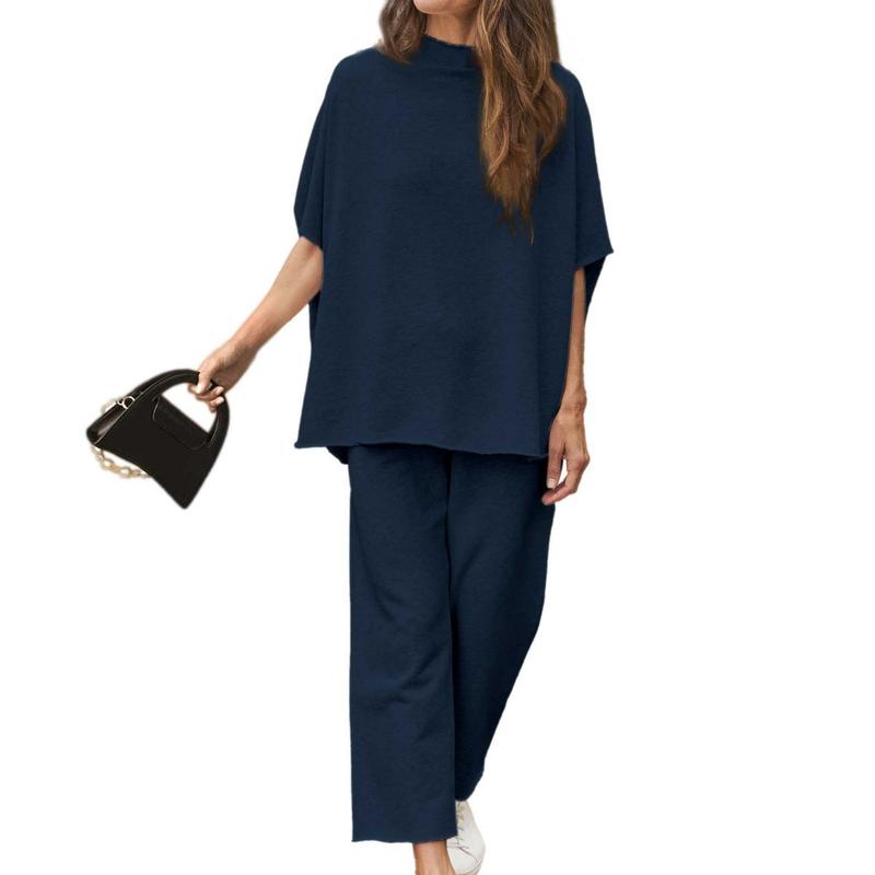 Women's 2 Piece Outfits Lounge Set 3 4 Batwing Sleeve Capelet Crew Neck Pullover Tops Wide Leg Pants Travel Set Soft  Womenswear