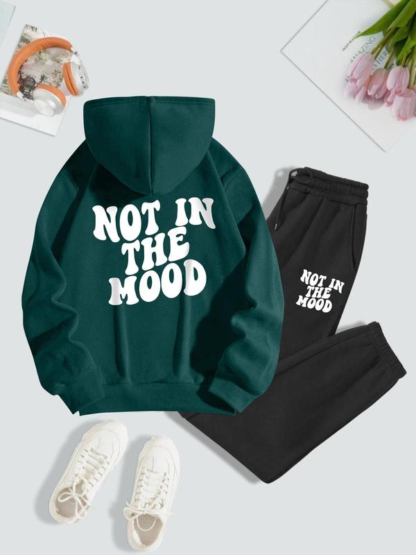 Women's Letter Print Drop Shoulder Hoodie & Drawstring Pocket Sweatpants Set, 2 Piece Sets Women, Long Sleeve Pullover Top & Jogger Pants, Lady Soft Outfits for Spring & Fall, Two Piece Set Women