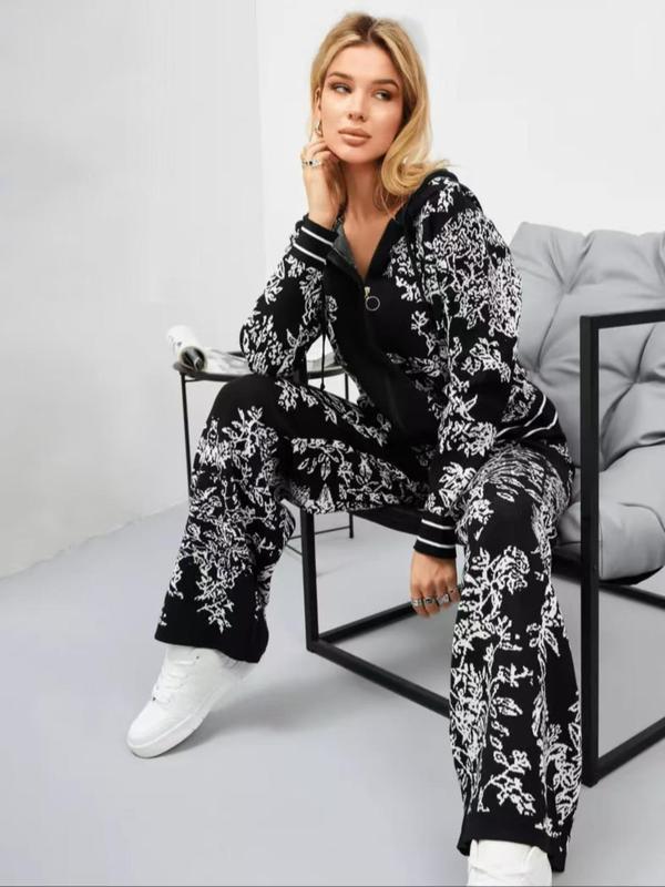 Women's All Over Print Zip Up Hooded Top & Wide Leg Pants Two-piece Set, Casual Fashion Cozy Two Piece Outfits for Daily Outdoor Wear, Pants Suit Sets for Women, Women Clothes for Fall & Winter