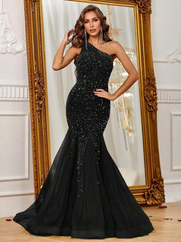 Women's Glitter Sequin One Shoulder Mermaid Evening Dress, Elegant Formal Wear, Sleeveless Contrast Mesh Maxi Dress for Evening Party Gown, Ladies' Clothes for All Seasons