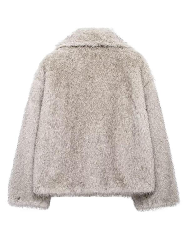 Women's Solid Pocket Lapel Faux Fur Jacket, Casual Long Sleeve Open Front Fuzzy Outerwear for Fall & Winter, Winter Clothes Women, Women's Clothing for Daily Wear