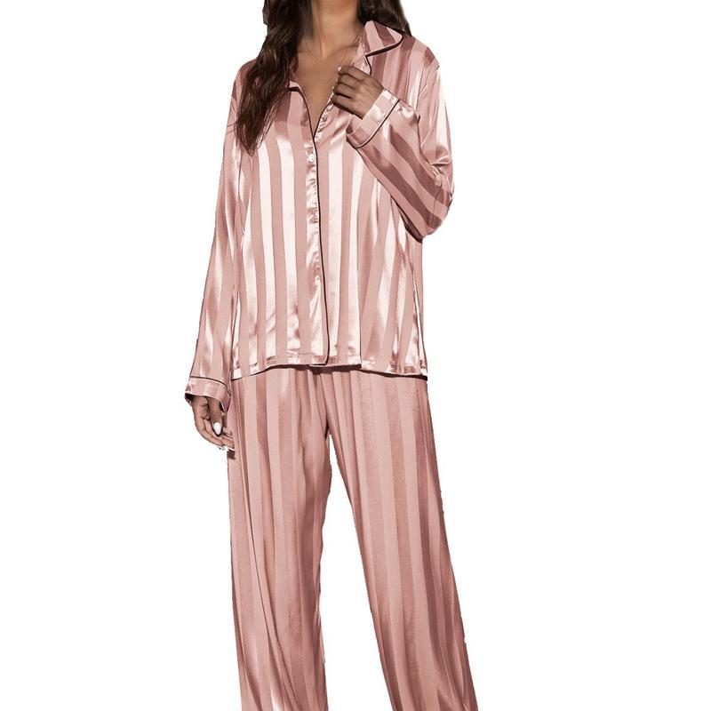 2024 Hot Selling Popular Jacquard Wide Stripe Home Wear Suit Pajamas Women's Satin Cardigan Long Sleeve