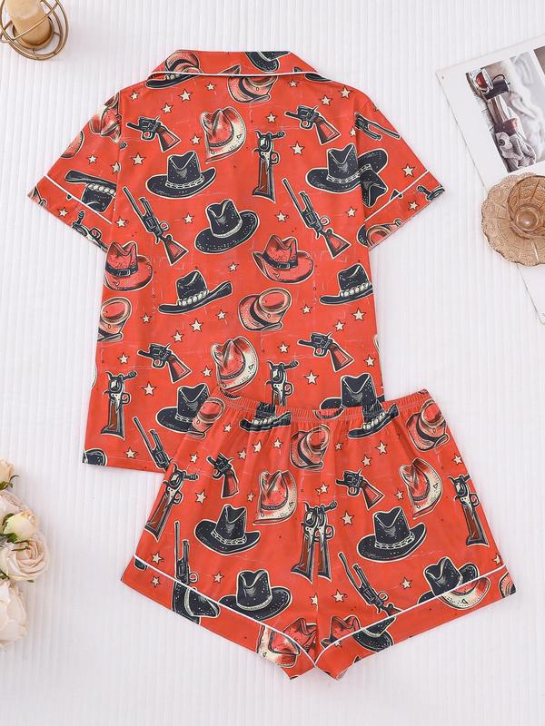 Two-Piece Set Women's All Over Cowboy Print Lapel Neck Button Front Pajama, Casual Comfy Short Sleeve Pocket Top & Elastic Waist Shorts PJ Set, Ladies Sleepwear for All Seasons