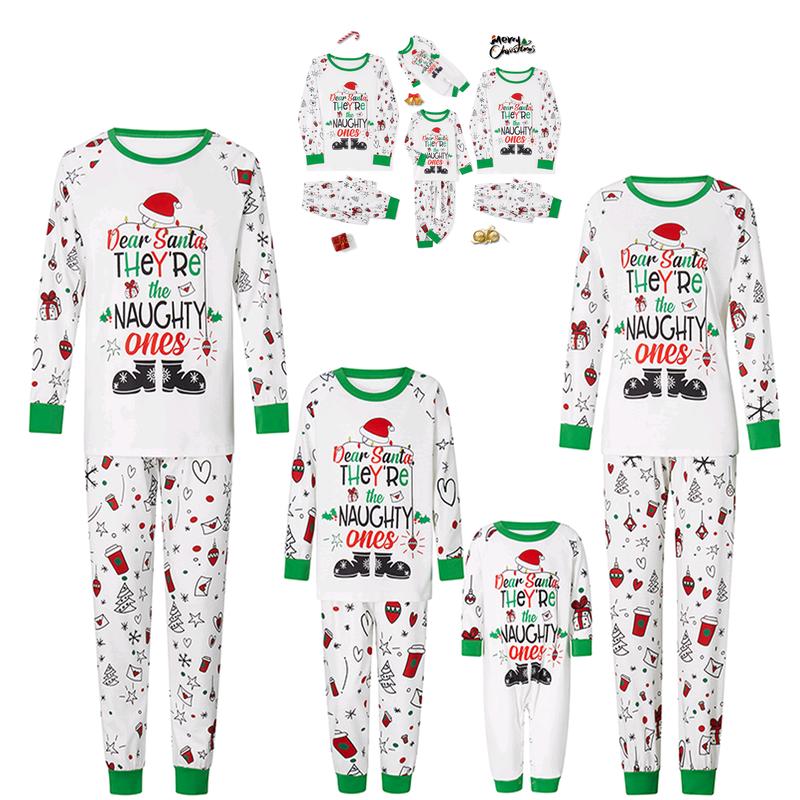 Matching Christmas Pajamas For Family Long Sleeve Cartoon Letter Print Tops + Pants Set Winter Loungewear