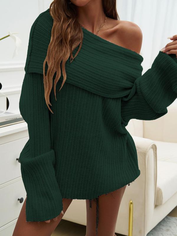 Women's Solid Off Shoulder Drop Shoulder Sweater Tops, Elegant Fashion Casual Chic High Stretch Long Sleeve Jumper for Daily Outdoor Wear, Women Knitwear for Fall & Winter