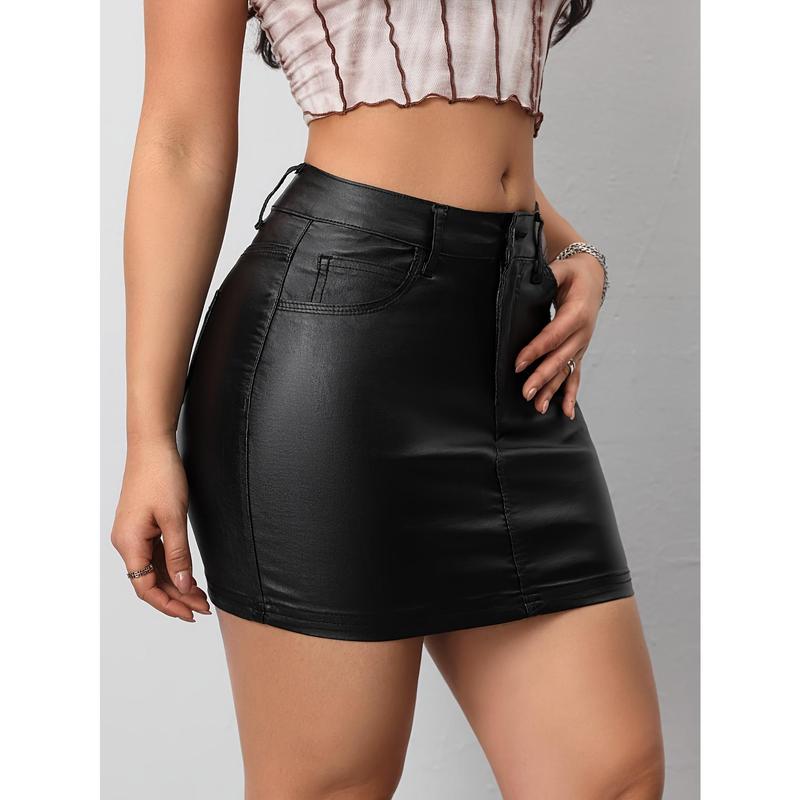 Women's Black PU Leather Mini Skirt with High-Waisted Design, Zip Closure, Streetwear Casual Outfit for Day or Night