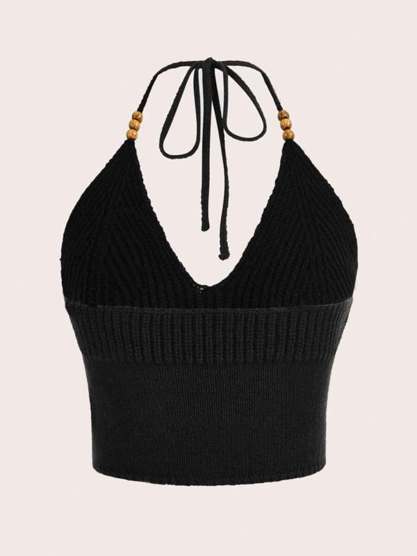 Women's Sun Embroidery Beaded Tie Back Halter Neck Crop Sweater Cami Top, Lady Casual Comfort Deep V Neck Backless Knit Top for Summer, Fashion Women's Knitwear for Daily Wear, Womenswear