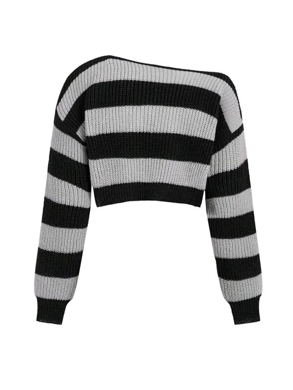 Women's Striped Print Drop Shoulder Crop Sweater, Casual Long Sleeve Asymmetrical Neck Jumper for Spring & Fall, Sweaters for Women, Women's Knitwear for Daily Wear