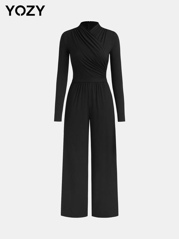 YOZY Women's Solid Ruched Wrap Mock Neck Wide Leg Jumpsuit, Casual Long Sleeve Zipper Jumpsuit for Fall & Winter, Women's Clothes for Daily Wear