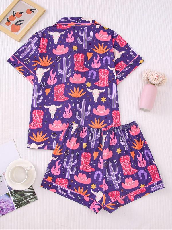 Two-Piece Set Women's All Over Cowboy Print Lapel Neck Button Front Pajama, Casual Comfy Short Sleeve Pocket Top & Elastic Waist Shorts PJ Set, Ladies Sleepwear for All Seasons