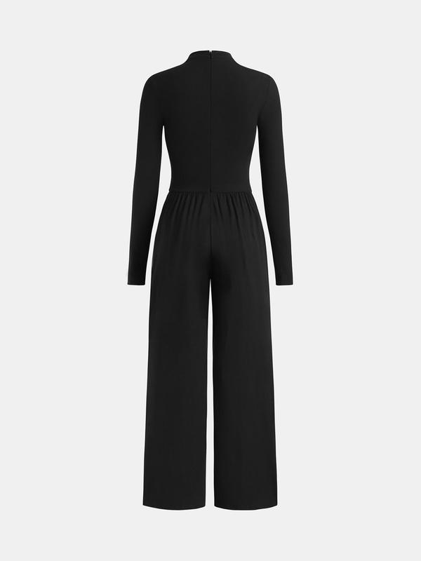 YOZY Women's Solid Ruched Wrap Mock Neck Wide Leg Jumpsuit, Casual Long Sleeve Zipper Jumpsuit for Fall & Winter, Women's Clothes for Daily Wear