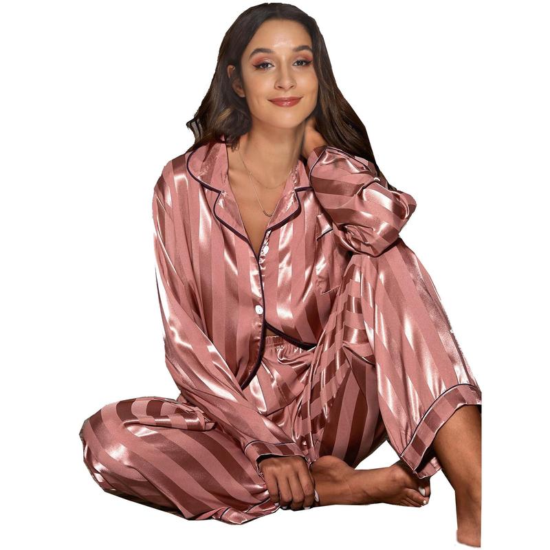 2024 Hot Selling Popular Jacquard Wide Stripe Home Wear Suit Pajamas Women's Satin Cardigan Long Sleeve