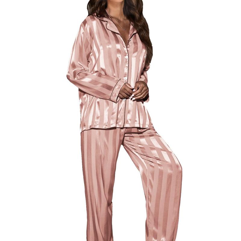 2024 Hot Selling Popular Jacquard Wide Stripe Home Wear Suit Pajamas Women's Satin Cardigan Long Sleeve