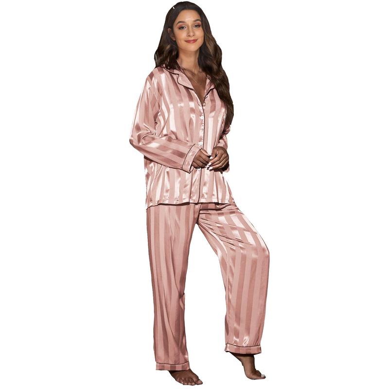 2024 Hot Selling Popular Jacquard Wide Stripe Home Wear Suit Pajamas Women's Satin Cardigan Long Sleeve