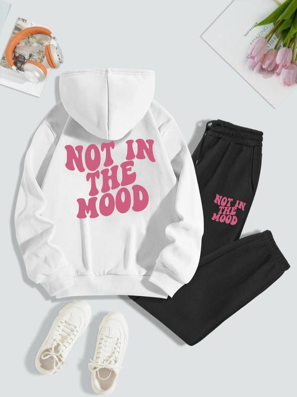 Women's Letter Print Drop Shoulder Hoodie & Drawstring Pocket Sweatpants Set, 2 Piece Sets Women, Long Sleeve Pullover Top & Jogger Pants, Lady Soft Outfits for Spring & Fall, Two Piece Set Women