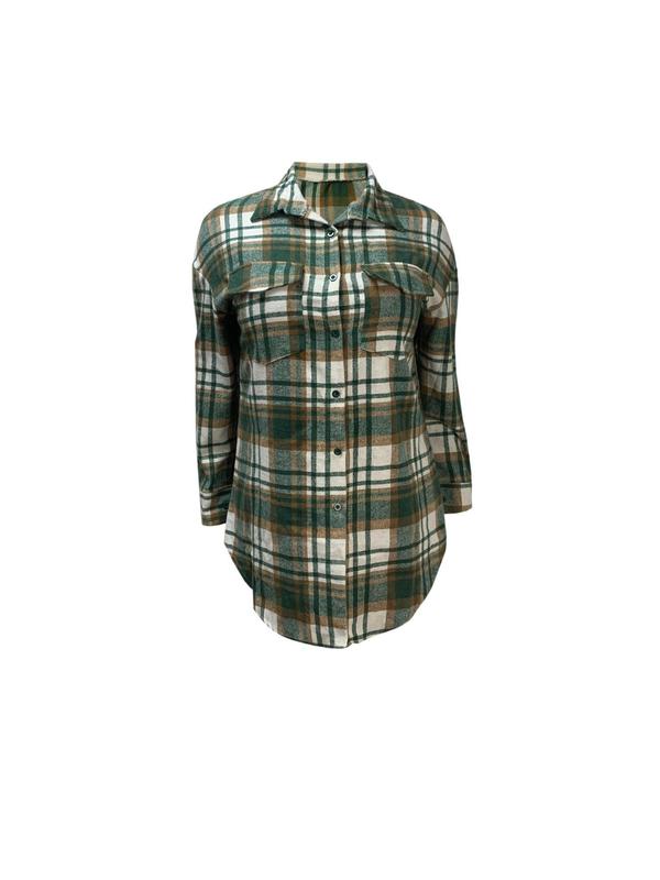 Plus Size Plaid Print Button Front Drop Shoulder Coat, Casual Long Sleeve Shirt Collar Outerwear For Spring & Fall, Women's Clothes For Daily Wear, Downtown Girl Clothes