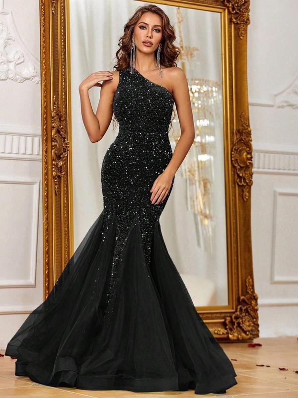 Women's Glitter Sequin One Shoulder Mermaid Evening Dress, Elegant Formal Wear, Sleeveless Contrast Mesh Maxi Dress for Evening Party Gown, Ladies' Clothes for All Seasons