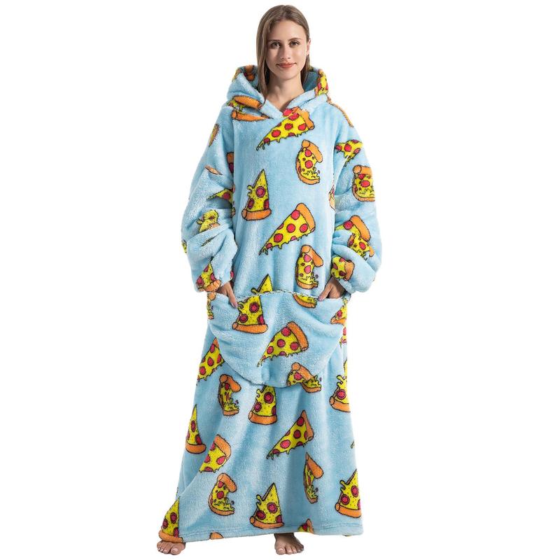 Cute Cartoon Print Home Hoodie Blanket (1 Count), 320GSM Oversized Wearable Hooded Sweatshirt Pullover, Breathable Comfortable Hoodie Nightgown with Big Pocket, Christmas Blanket, Christmas Gifts, Stocking Fillers, Christmas Gifts, Christmas Gifts, Christ